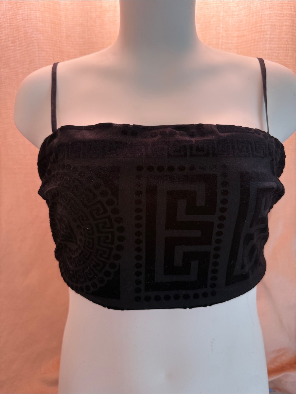 12th Tribe Black Flocked Geometric Strapless Crop Top